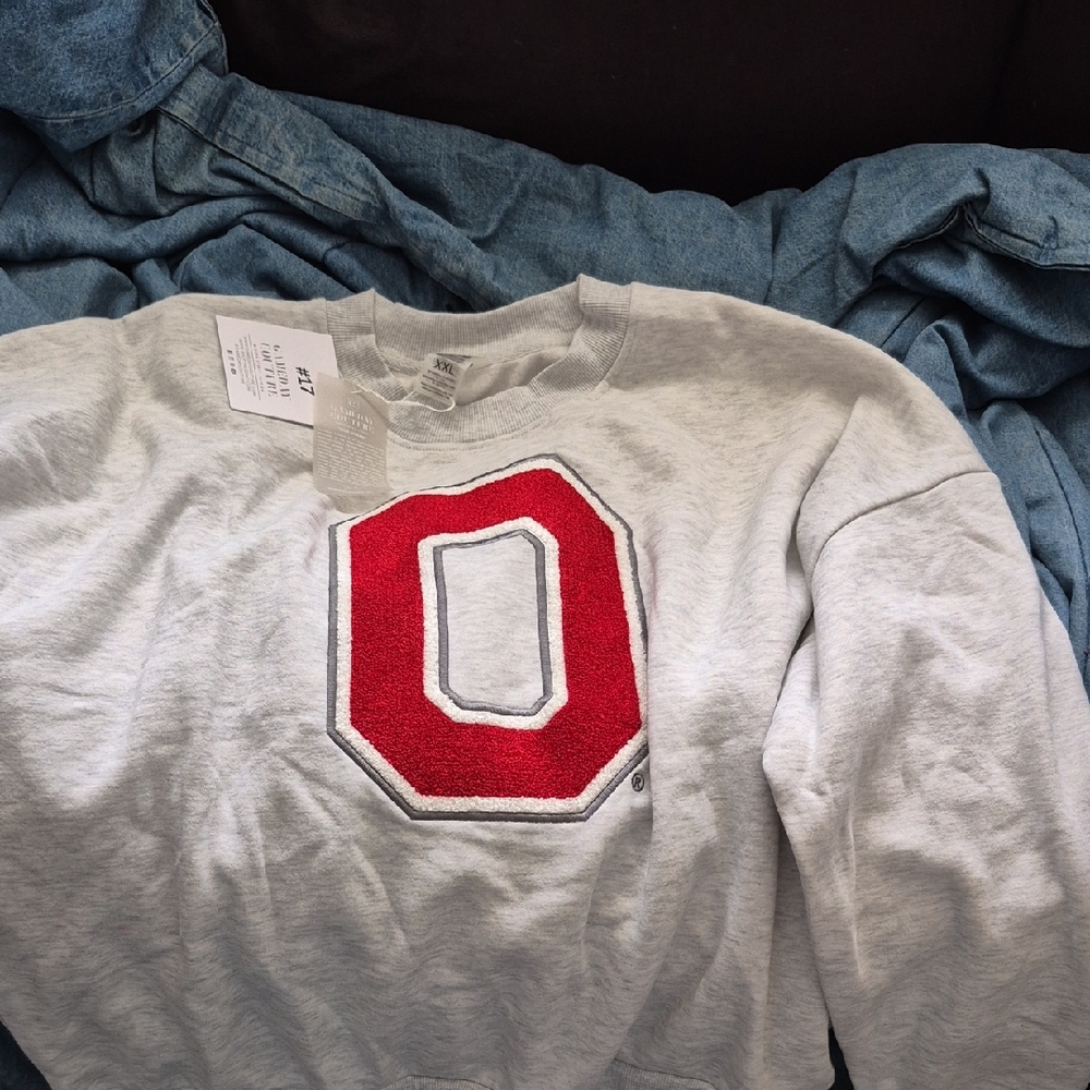 Light Gray Crewneck Sweatshirt with Red Chenille 'O' Patch